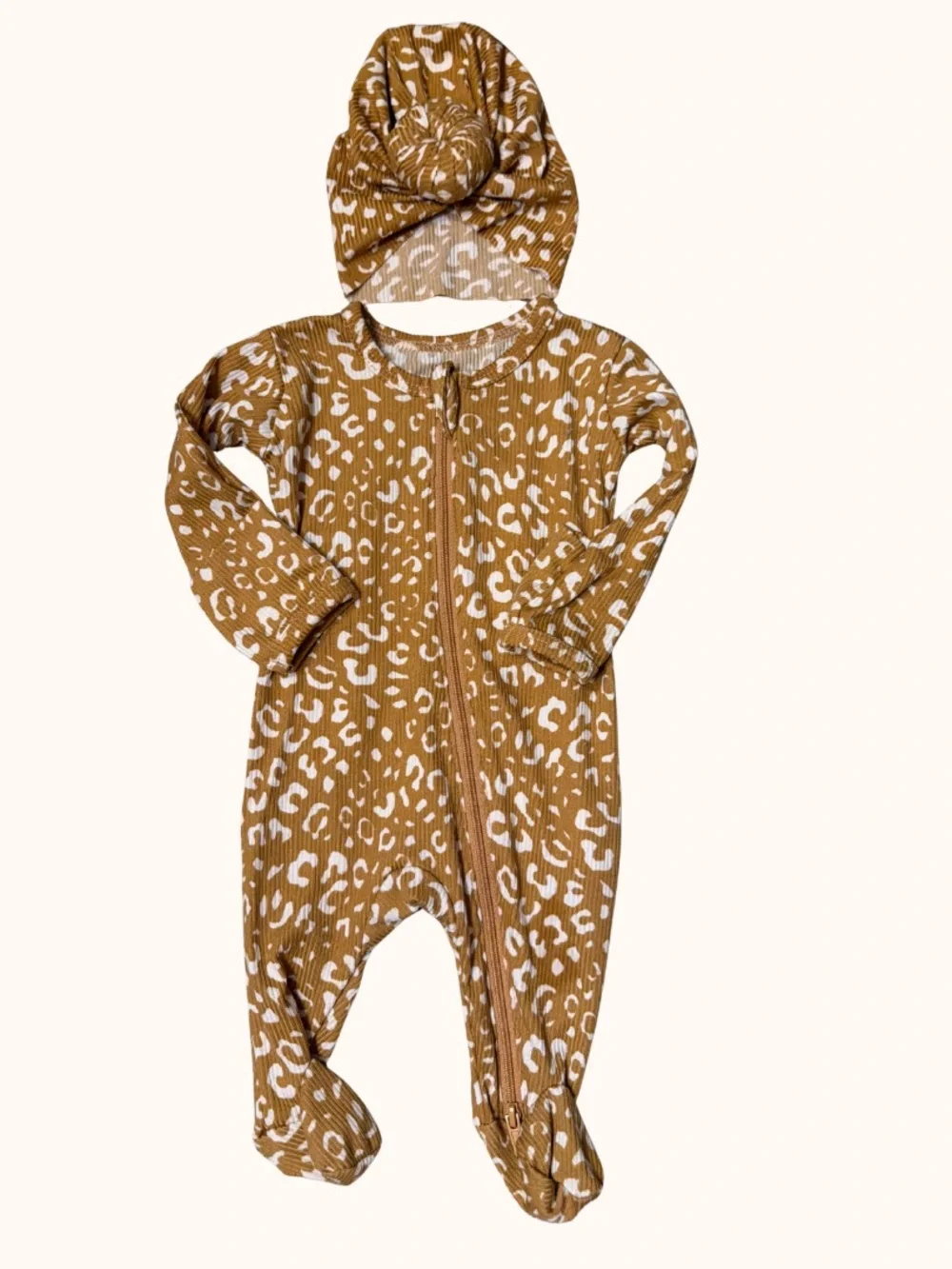 Essentials Kids Mustard Leopard Print Footed One-Piece with Knotted Hat